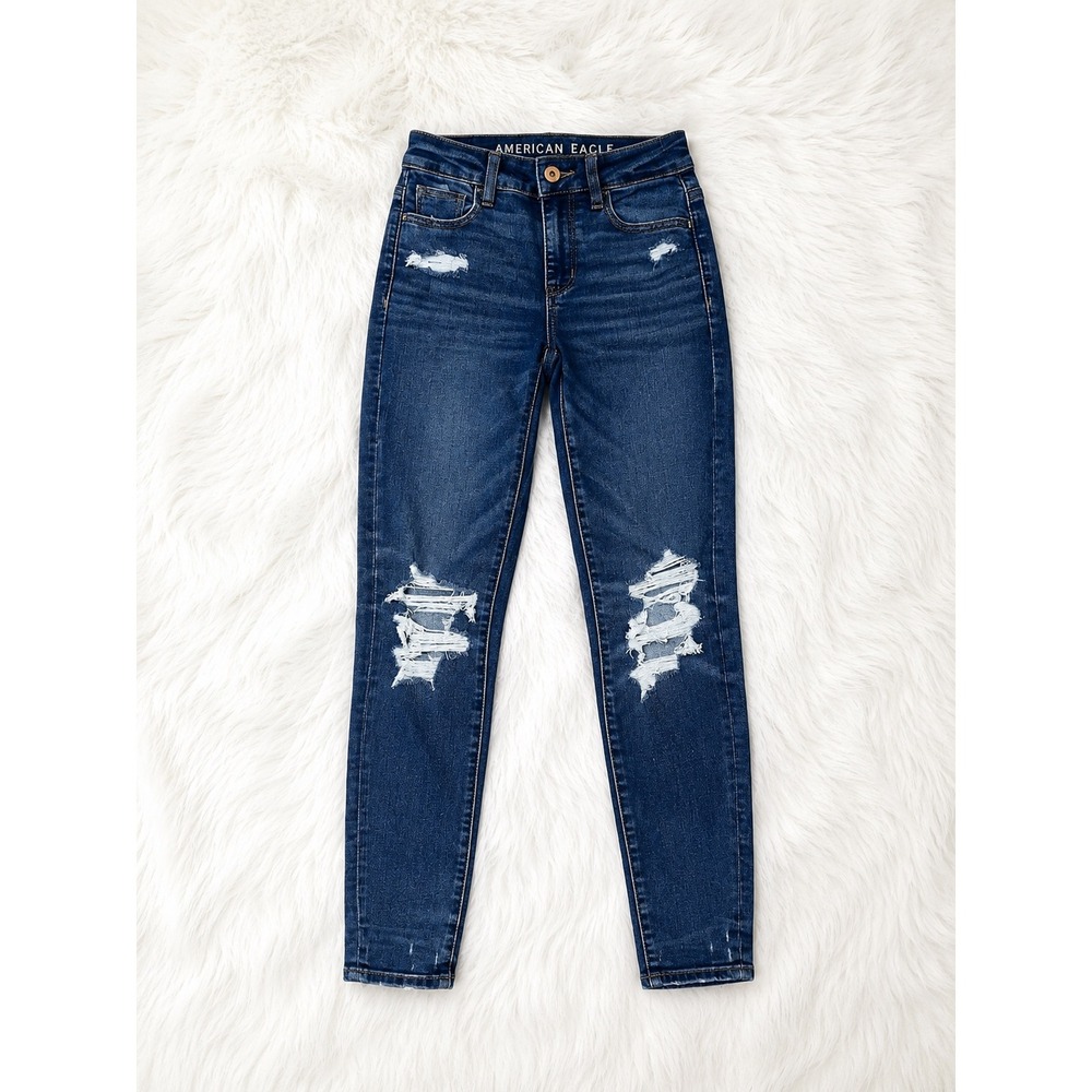 American Eagle High Rise Jegging Jeans Size 00 Dark Wash Distressed Stretch